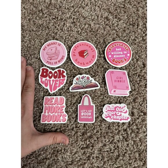 Lot of 9 bookish sticker pack pink theme floral hearts book lover introvert - Picture 4 of 4